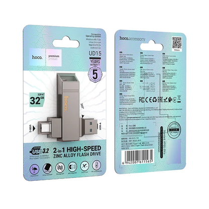 PENDRIVE HOCO 32GB UD15 DUAL USB + TIPO C