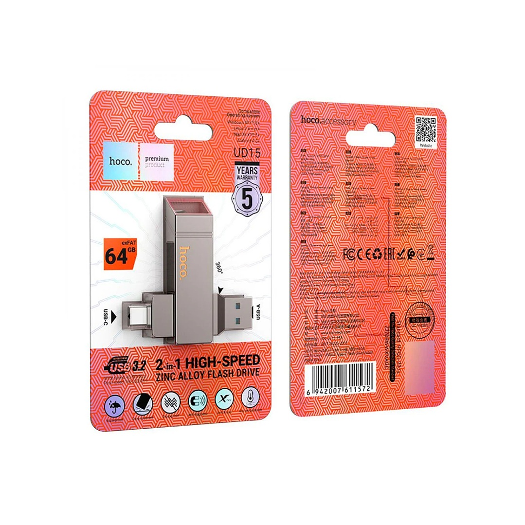 PENDRIVE HOCO 64GB UD15 DUAL USB + TIPO C
