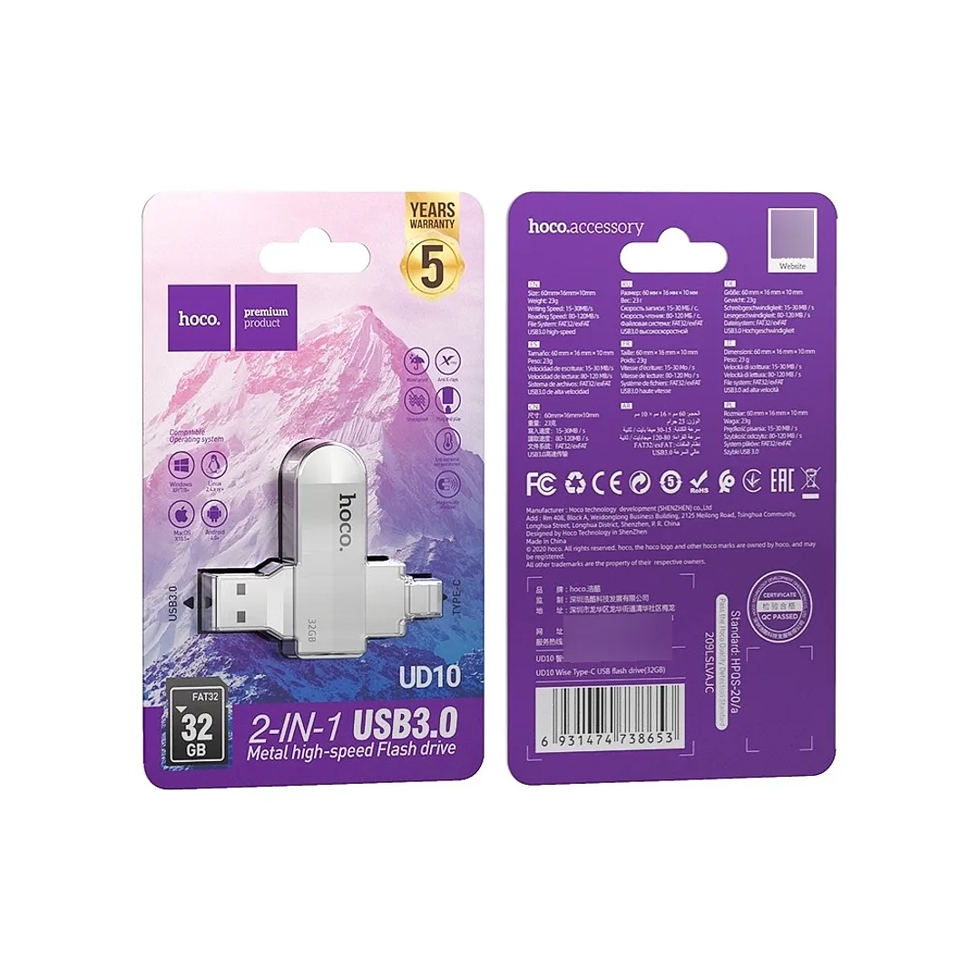 PENDRIVE HOCO 32 GB UD10 DUAL USB + TIPO C