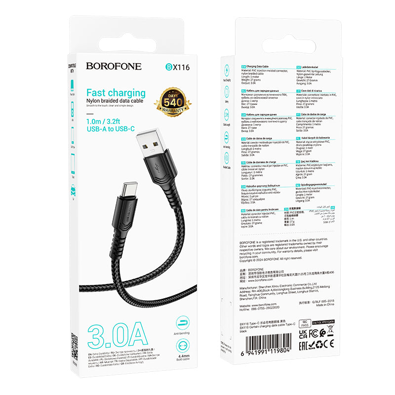 Cable Borofone BX116  USB A Type-C NEGRO