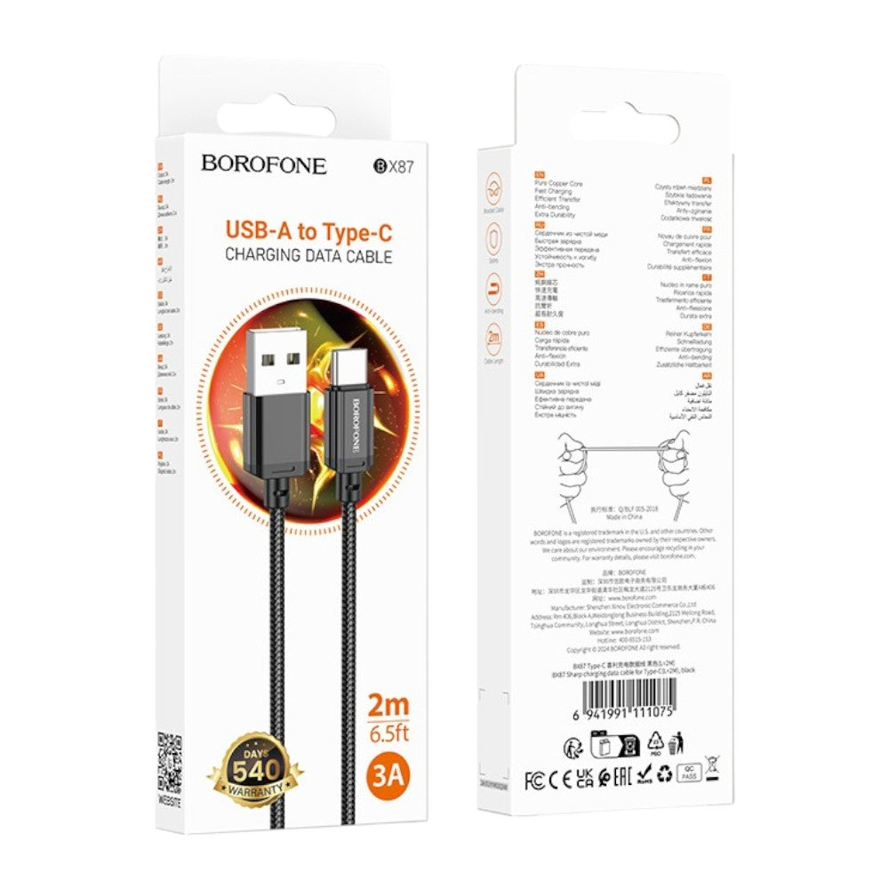 Cable BOROFONE BX87 USB-A a Tipo-C  5A, 2m, Carga Rápida