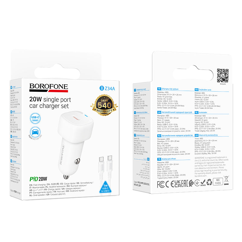 Cargador de Auto Borofone BZ34A PD 20W + Cable USB-C a C