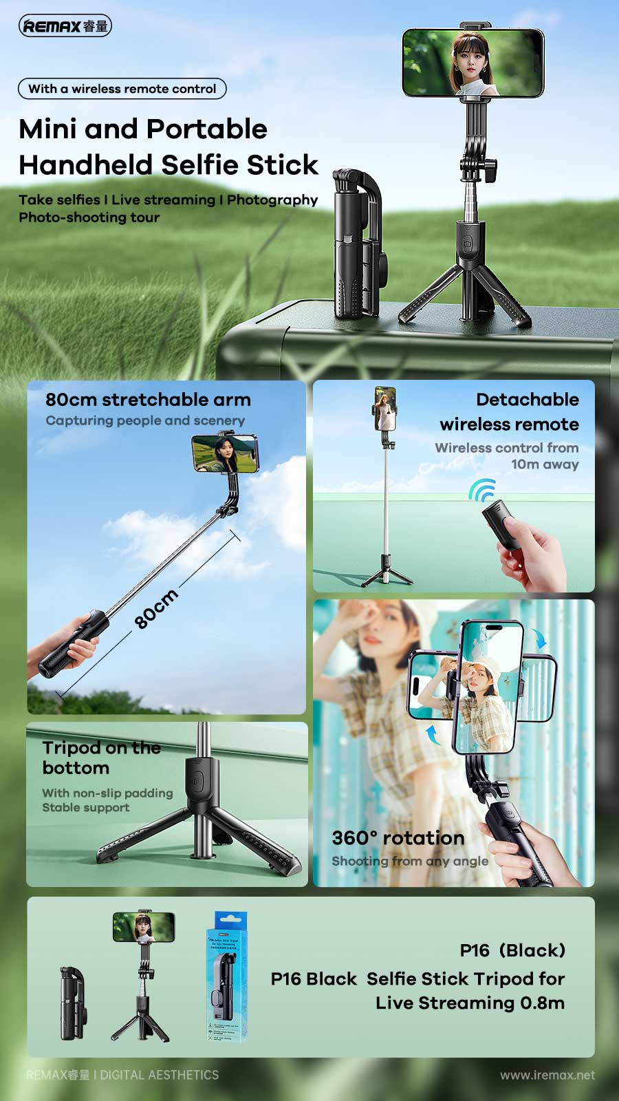 Selfie Stick Trípode Remax P16 con Control Bluetooth – Ideal para Streaming