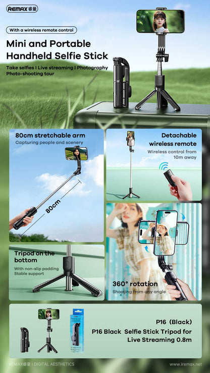 Selfie Stick Trípode Remax P16 con Control Bluetooth – Ideal para Streaming