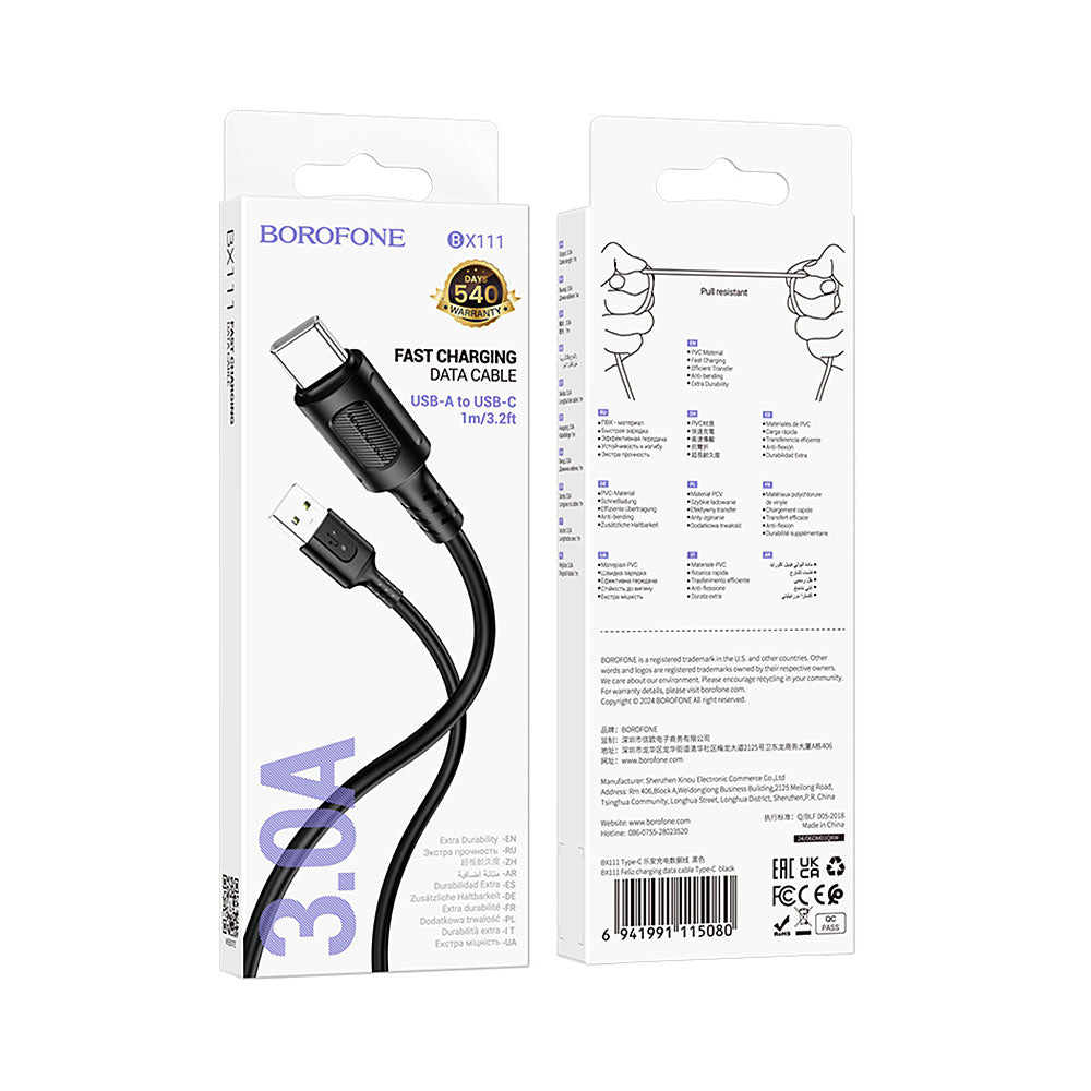 Cable Carga Rápida Borofone BX111 Negro USB-A a USB-C 3.0A