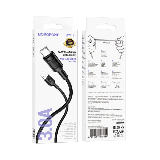 Cable Carga Rápida Borofone BX111 Negro USB-A a USB-C 3.0A